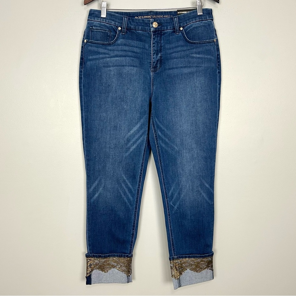 Chico’s So Slimming Girlfriend Ankle Jeans Women’s Size 8 Metallic Lace Cuffs